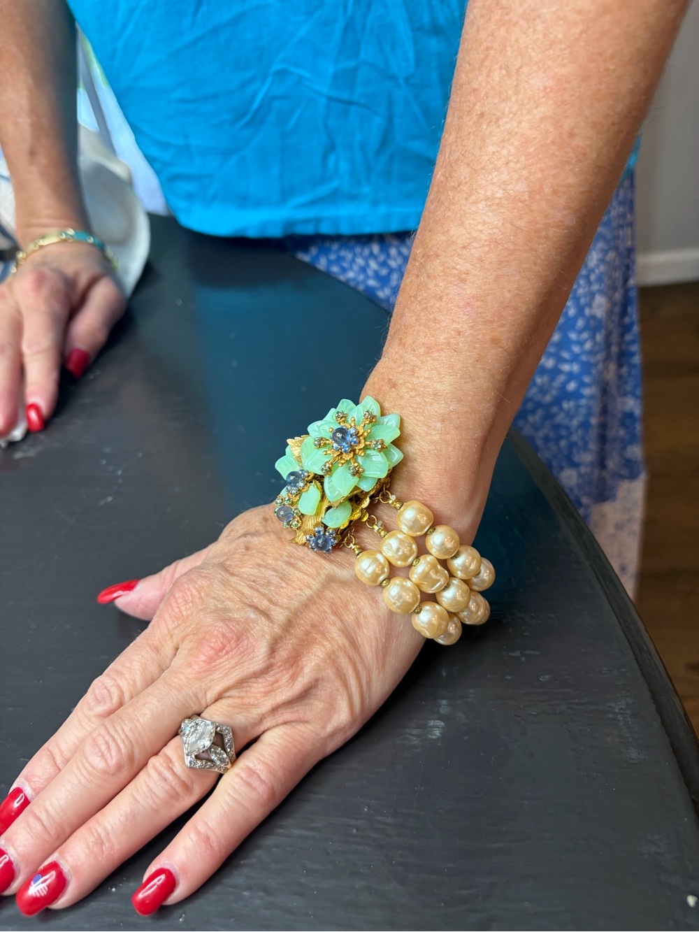 Gold Pearl Bracelet with Mint Floral Cluster